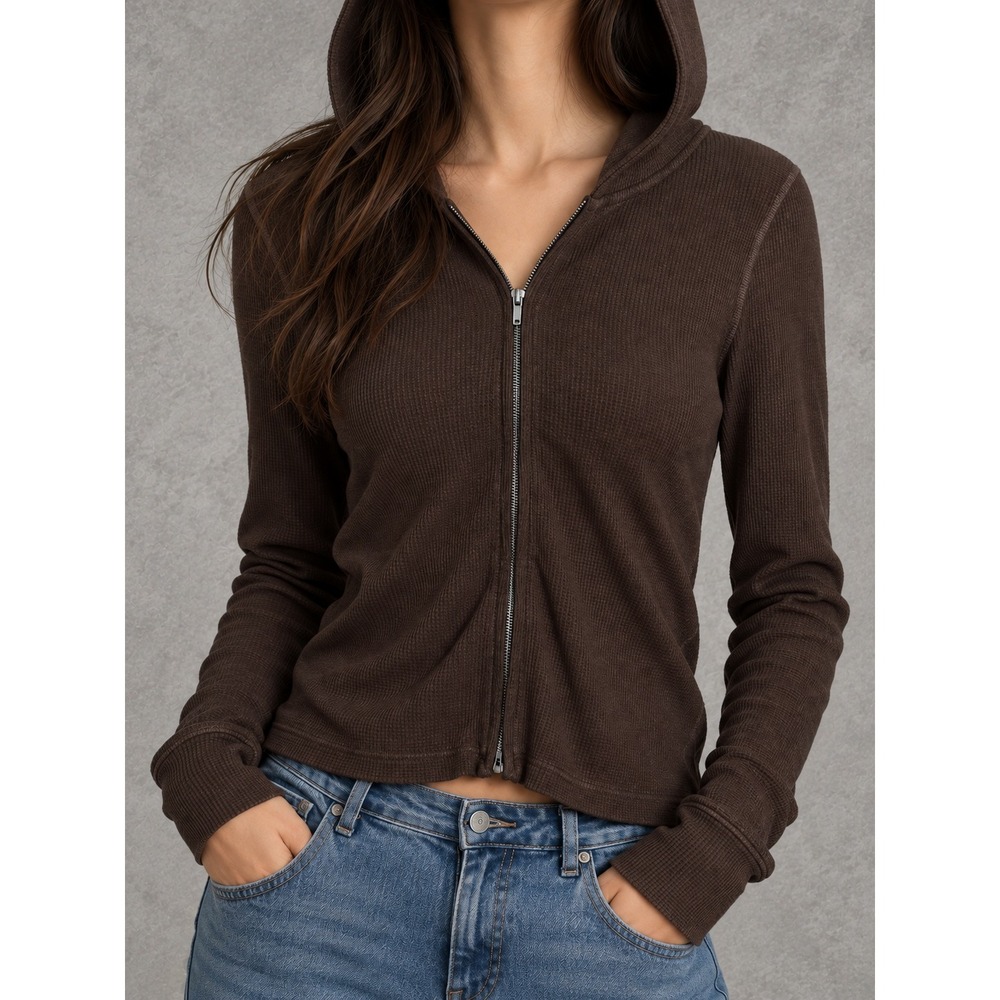 Vuori Halo Mini Full Zip Hoodie Womens Medium Brown Waffle Knit Thermal